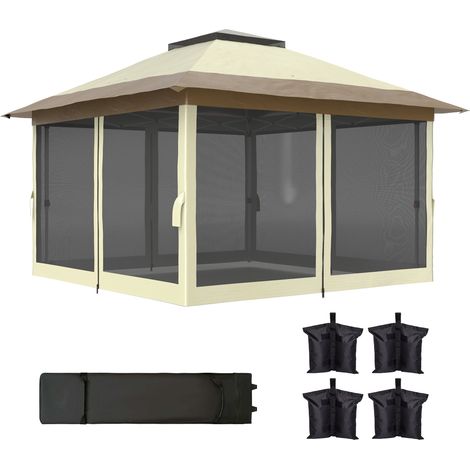 Tonnelle pliante 3,6 x 3,6 m avec parois en maille anti-UV50+, hauteur réglable, sac de transport à roulettes et sacs de lestage, couleur crème (1/5)