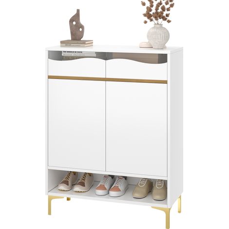 Mueble Zapatero con 2 Cajones, 2 Puertas y LED 16 Colores, Estilo Moderno, en MDF, Blanco, 80×35×105 cm (1/5)