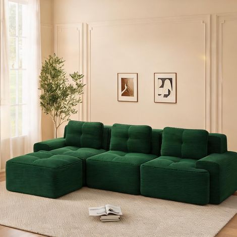 Sofa modulable d'angle en velours côtelé vert avec pouf (1/5)