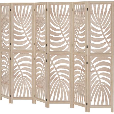 Paravent intérieur bois 6 panneaux 240x170 cm pliable motif feuille amovible, naturel (1/5)