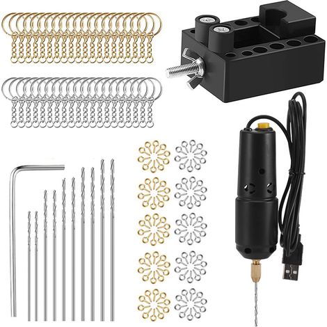 Harzbohrset, Mini-Elektrobohrmaschine mit 10 Bohrern, 100 Ösenschrauben, 40 Schlüsselringe zur Herstellung von Schmuck, Objekten aus Aluminium und Holz sowie Schlüsselanhängern. Harzgussformen, schwar (1/2)
