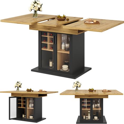 Table à manger extensible pliante- 110-140×80cm- 6 à 8 personnes- Avec étageres- Plateau MDF- Salle a manger,Salon- Noir (1/5)