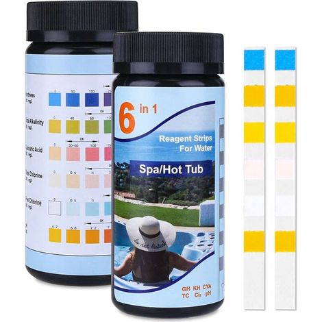 SABIR Bandelettes de Test pour Piscine 6 en 1, Papier ph Bandes Test 50 Pièces, Test de Qualité d'eau, Chlore, Brome, Nitrite, Nitrate, Dureté, Alcalinité Totale (1/5)