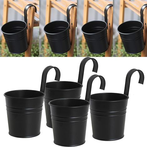4 Pack Black Iron Hanging Flower Pots with Detachable Hook for Outdoor Indoor Fence Balcony Garden Home Decor (1/5)