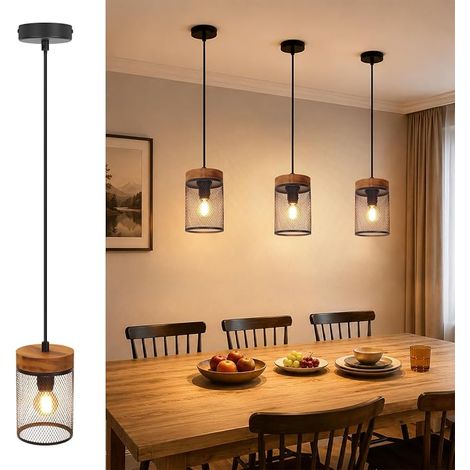 GBLY Suspensión Vintage Mesa Comedor Negro Madera Lámpara Colgante E14 Lámpara Colgante Diseño Industrial Lámpara Mesa Comedor 1 Luz con Pantalla Rejilla Retro Lámpara Cocina Colgante para Comedor Coc (1/5)