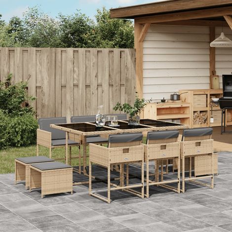 Set comedor de jardín 11 pzas con cojines ratán sintético beige vidaXL