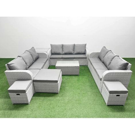 Fimous PE Rattan Lounge Sofa Set 12 Seater Outdoor Garden Furniture Set with Rectangular Coffee Table 3 Seater Sofa 3 Stools Side Table Light Grey (1/5)