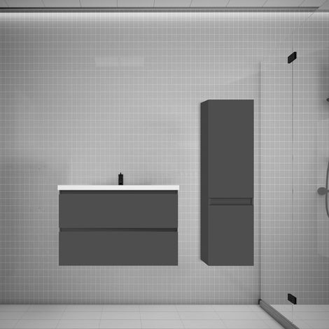 Aica Ensemble meuble vasque L.79cm anthracite 2 tiroirs + lavabo + colonne easy