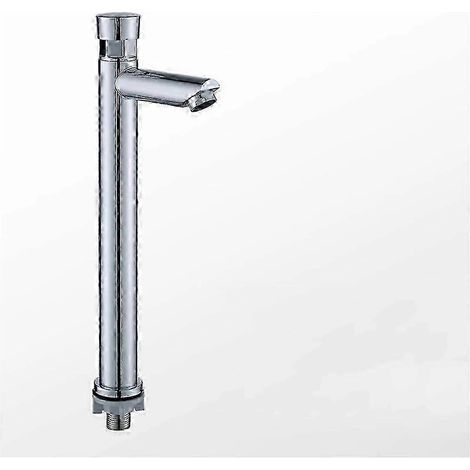 Robinet de lavabo à fermeture automatique avec fonction de temporisation par bouton-poussoir. en acier inoxydable brossé chromé et conçu pour économiser l'eau. (1/5)