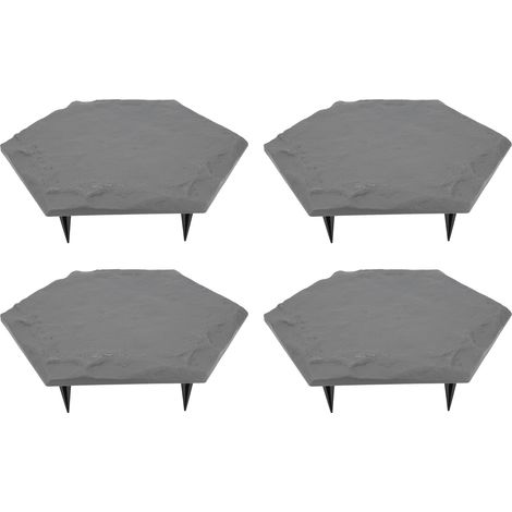 Ensemble de 4 dalles de pavage d'extérieur avec 24 piquets de sol, pierre décorative résistante aux intempéries pour jardin, terrasse, pelouse, allée, chemin, gris hexagonal. (1/5)