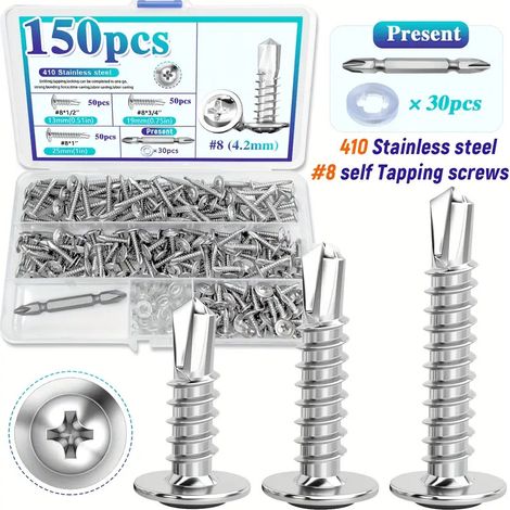 Coffret de 150 Vis Autoperceuses en Inox 410 à Tête Bombée avec Rondelle Intégrée, Vis Autoforeuses Cruciformes Phillips Ø4,2 mm (8), Assortiment Multi-Longueurs pour Tôle, Métal, Profilés et Bricolag (1/5)