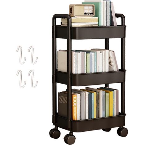 Rollwagen mit 3 Ablagen, robuster Konstruktion, großem Fassungsvermögen und hoher Tragkraft, mobilem Regalwagen, Bücherregal, schwarz (1/5)