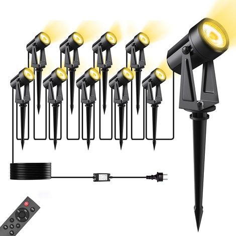 Spot LED Extérieur 35M/116FT 10 Pièces, Luminaire Exterieur Avec Télécommande 27V Basse Tension, Lumière blanc chaud 3000K, Étanche IP67, Lampe Avec Adaptateur, Pour Cour, Arbres (1/5)
