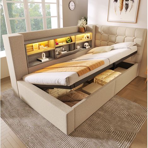 letto letto singolo 90x200 contenitore LED beige OKMYHOME (1/5)