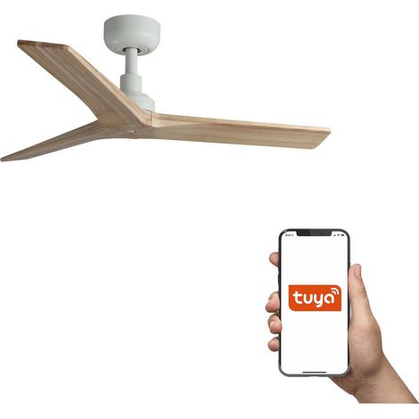 Faro Klim Petit ventilateur de plafond 3 pales blanc mat, bois de chêne, E27, système intelligent Tuya (1/3)