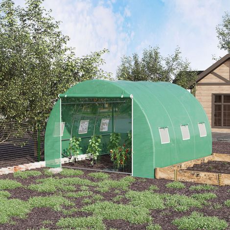 Extérieur Serre de jardin 9 m² tunnel de 3 x x 2 m avec porte enroulable et 6 fenêtres en maille en acier PE - vert (1/4)