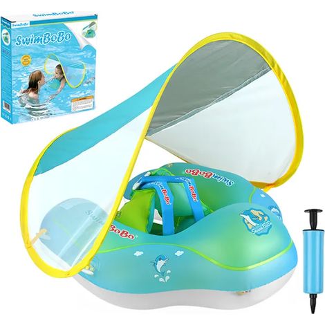 Bouée Bébé Piscine avec Pare-Soleil UPF 50+, Anneau de Natation Gonflable (12-36 Mois) - Double Airbag Réglable, Taille L, Bleu (1/5)