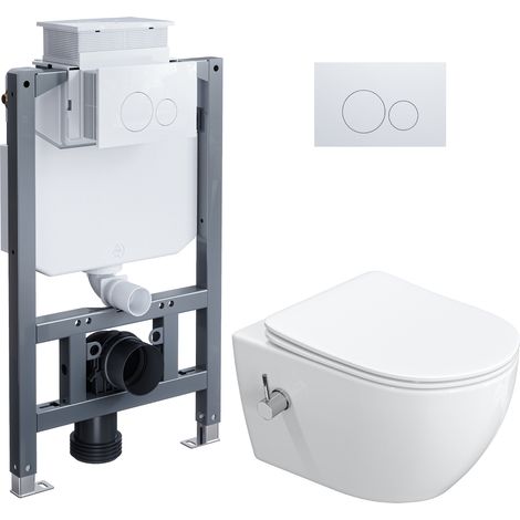 HOROW Wand-WC Set mit Unterputz-Spülkasten und Drückerplatte, Taharet-Dusch-WC mit Kaltwasser-Düse und WC-Sitz mit Absenkautomatik 04 (1/5)