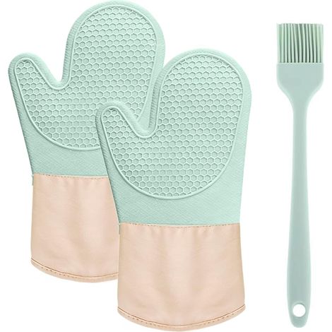 Lot de 2 gants de cuisine antidérapants en silicone et coton pour la cuisson, le barbecue, le plat à gratin (vert menthe) (1/5)