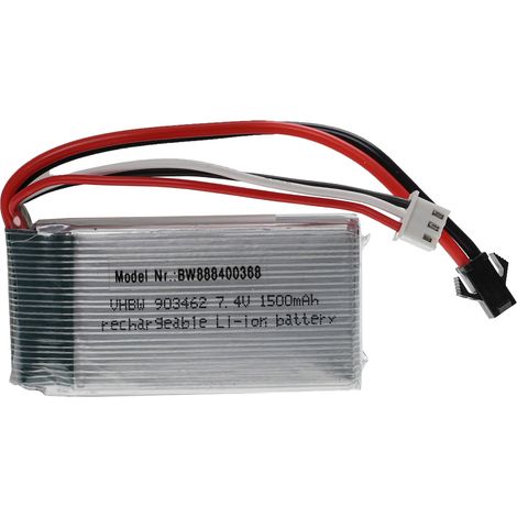 vhbw Battery compatible with SM-2P Plug for Model Making Device e.g. Racing Car, Helicopter (1500mAh, 7.4 V, Li-polymer, 68 x 34 x 18.5 mm)