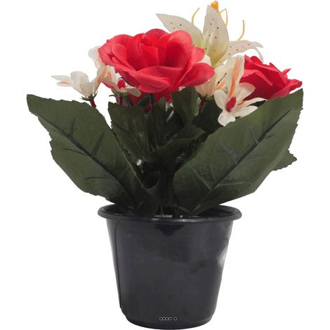 Pot pour cimetière de bouton de Rose, Orchidée et Lys artificiels Rouge - Toussaint - couleur: Rouge
