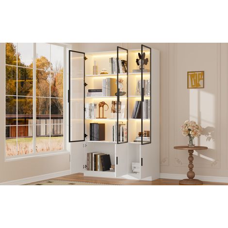 Vitrine haute blanche 120 x 32 x 200 cm avec 6 portes en verre, LED, MDF, REDOM (1/5)