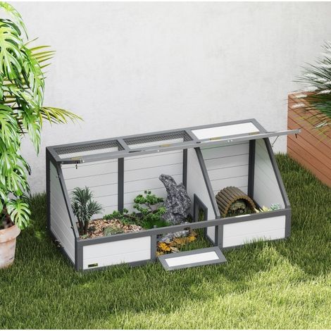 Abri pour tortues extérieur 120 x 55 x 20/50 cm en bois de sapin et acier galvanisé blanc DESVIAE (1/4)