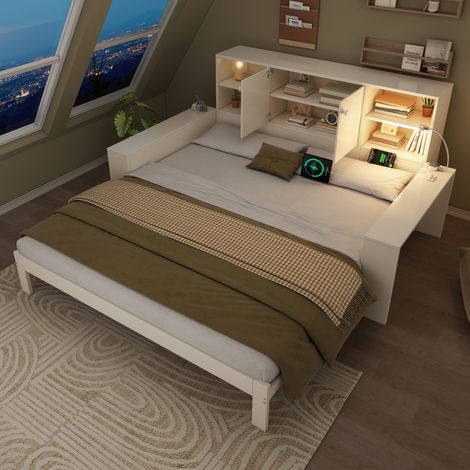Lit gigogne 90x200 cm MDF blanc avec rangement et USB, gain de place sans matelas – MEUBLIV (1/5)