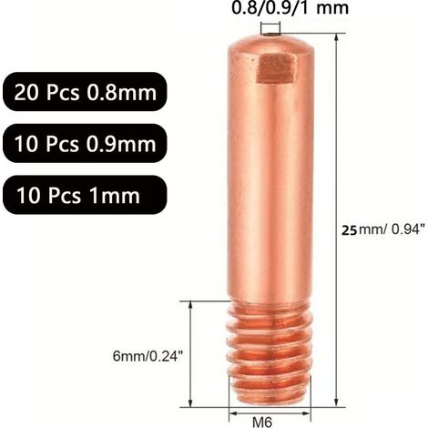 40 Kupferkontaktspitzen, Schweißdüsen-Kontaktrohre 0,8 mm, 0,9 mm, 1,0 mm, Schweißbrenner-Verschleißteile für 15AK MIG (1/5)