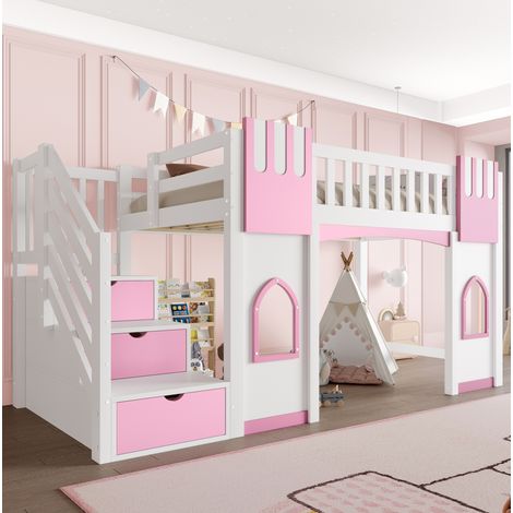 Hochbett modern 90x200 cm aus Holz in Weiß/Rosa mit Fenstern, Stauraumtreppe und Lattenrost (1/5)