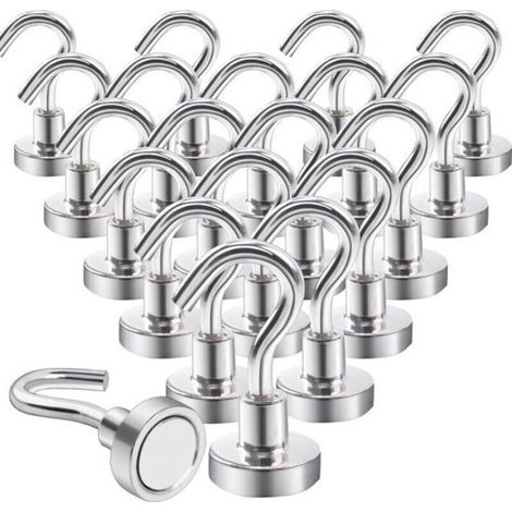 Extra starke Magnethaken (10 kg), Neodym-Magnete mit Haken, 20er-Packung, bohrfreie Befestigung, für Eisentüren, Kühlschränke, Küchen, Kleiderständer, Büros, silberfarben.
