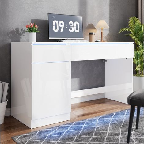 Escritorio de 120x50 cm con iluminación LED, 2 cajones y 1 puerta, amplia superficie de trabajo, blanco brillante, tablero de partículas. (1/5)