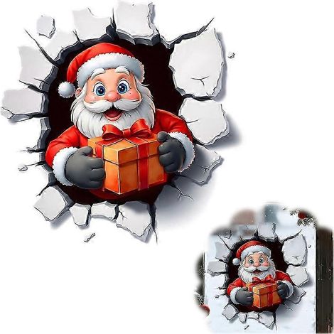(K) Sticker mural 3D représentant le Père Noël défonçant une paroi, autocollant mural en vinyle pour les fêtes