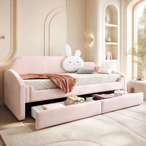 Kinderbett 90 x 200 cm mit LED, 2 Schubladen, rosa Samt, OKMYHOME (1/5)