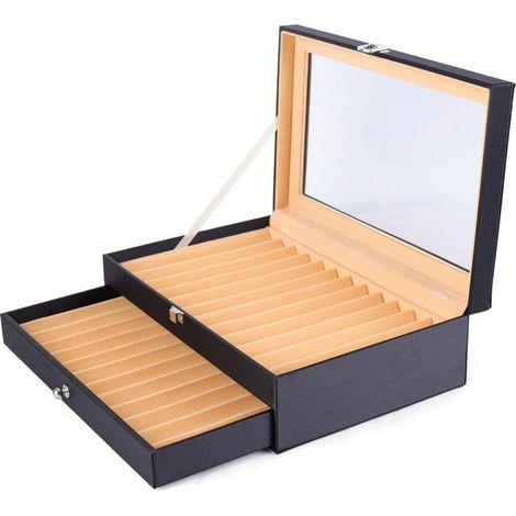 Schreibgeräte Sammlerbox, 24 Pcs Display Box Aufbewahrungsbox Geeignet für Stifte, Kugelschreiber, Pens, Leder&Flanell Penbox Veranstalter mit Glasfenster Schubladen (24-bit Schwarz)