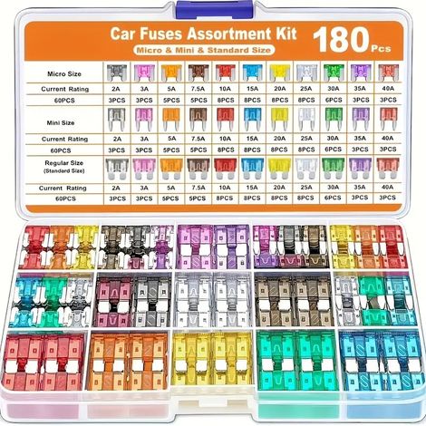Juego de 180 fusibles para coche, 60 fusibles mini + 60 fusibles medianos + 60 fusibles micro + extractor de fusibles - para coche/autocaravana/camión/moto (1/3)
