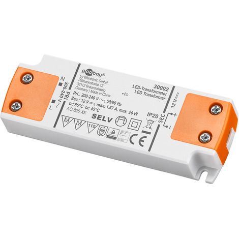 Transformateur LED 12 V (DC), 20 W, pour LEDs jusqu'à 20 W de charge totale et tension continue de 12 V (DC).