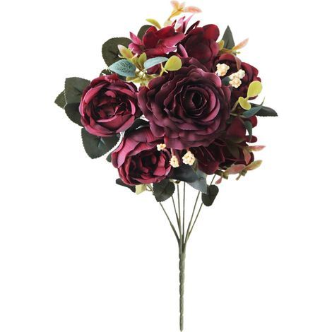 Bouquet artificiel de pivoines et d'hortensias, décoration de table de mariage vintage en fausse soie, bouquet de roses réutilisable, bordeaux. (1/5)