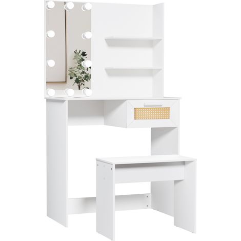 Ensemble coiffeuse avec tabouret, miroir LED, tiroirs et étagères
