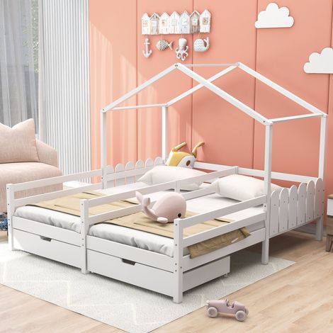 MODFU – Lit cabane double 2x90x200 cm pin/MDF – Barrières et 2 tiroirs roulettes – Charge 100 kg et FSC – Chambre – Blanc (1/5)