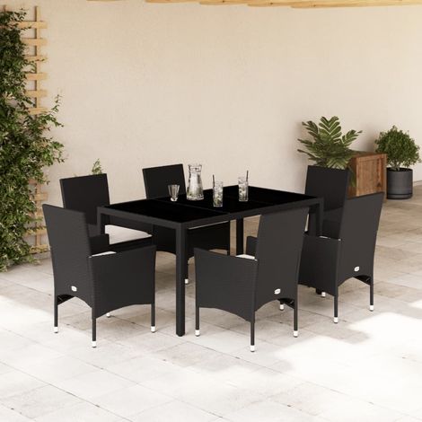 Ensemble à manger de jardin et coussins 7 pcs-Salon de jardin noir rotin acacia 380128 (1/5)