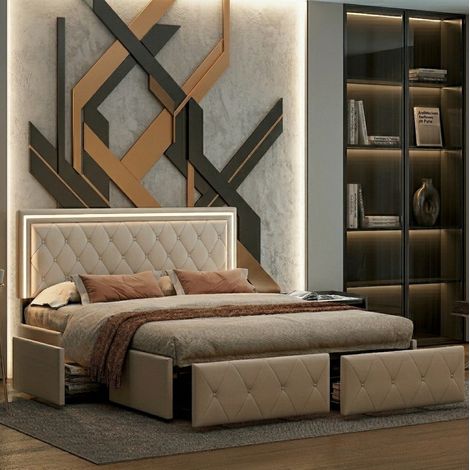 Lit 140x190 avec tiroirs,lit double capitonné,avec tête de lit réglable en hauteur, bande lumineuse LED orientable,sommier à lattes,tissu en PU,blanc (1/5)