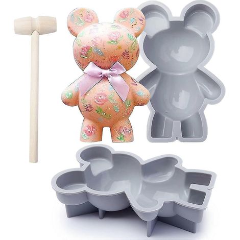 Moules à chocolat en silicone en forme d'ours, 2 moules en silicone en forme d'ours à écraser + 1 marteau en bois, adaptés à la confection de bonbons et de chocolats pour la Saint-Valentin, ours à écr (1/5)