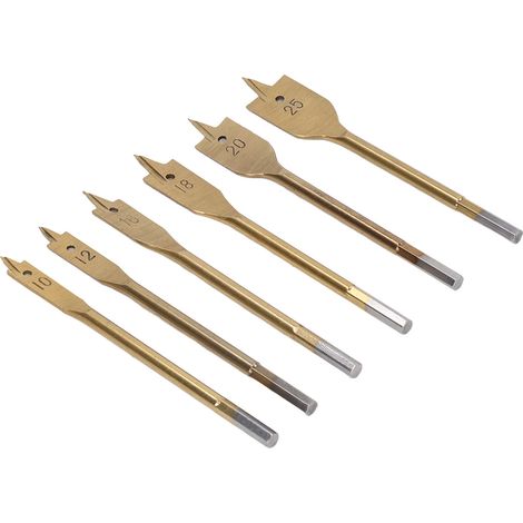 Jeu de 6 mèches plates en acier haute carbone, 3 arêtes tranchantes, queue hexagonale, perceuse à bois dorée pour menuiserie (1/5)