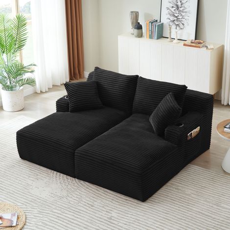 Canapé chaise longue 2 places en velours côtelé noir, double méridienne, porte-gobelets, ressorts haute densité, compressé, sans montage (1/5)