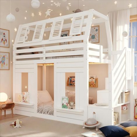 Lit Superposé Cabane 90x200cm - Lit Enfant en Bois Massif avec Escalier de Rangement, Éclairage LED Connecté et Fenêtre Ludique - Blanc