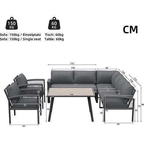 ELVMI Gartenlounge mit 1 Großem Sofa, 2 Kleinen Sofas, 2 Sesseln und 1 Tisch, Metall, Holz und Polyester, Grau (1/4)