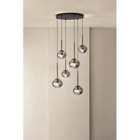SOSPENSIONE JEWEL 6 LUCI NERO VETRO FUME' ATTACCO E14 VETRO D.15-17CM