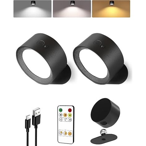 Applique murale LED sans fil rechargeable, Lampe de chevet tactile, 3 températures de couleur, télécommande et contrôle tactile, 360° pivotant, réglable, pour salon et chambre Noir (1/2)