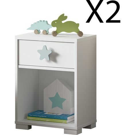 Lot de 2 tables de chevet enfant / Table de nuit coloris blanc - Hauteur 56 x Longueur 40 x Profondeur 33 cm -PEGANE-